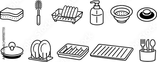 Collection of kitchen sink and dishwashing tools in a clean line art style