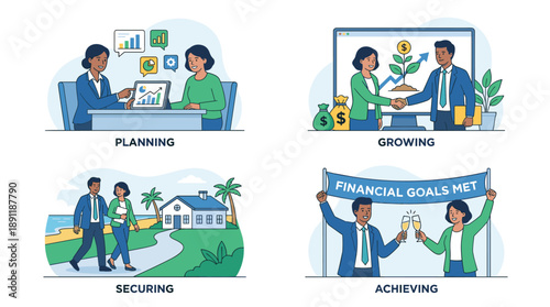 Set of four vector illustrations depicting financial planning stages: advisor consultation, wealth growth, securing property, and achieving goals with a celebratory banner and champagne toast.