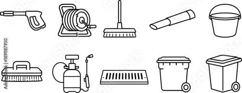 Collection of cleaning tools and equipment icons for household chores and maintenance