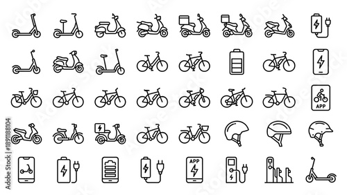 Minimalist Vector Icon Set of Electric Scooters and E-Bikes for Urban Mobility. Includes Mopeds, Delivery Scooters, Battery Charging Stations, Safety Helmets, and Mobile App Interface Elements.