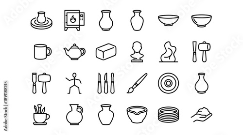 Vector Set of Pottery and Sculpture Line Icons Featuring Ceramic Tools, Kiln, Vases, Bowls, Mugs, Teapot, and Sculpting Equipment in a Minimalist Style for Craft, Hobby, and Art Design Projects