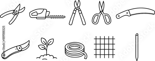 Collection of simple line art icons representing various gardening tools and supplies
