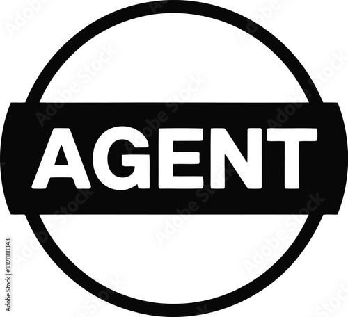 A bold black and white agent word in a circular stamp graphic on a clean white background
