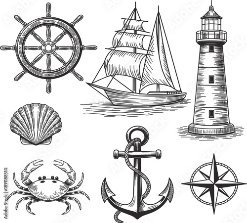 Hand drawn nautical collection with sailing ship lighthouse anchor steering wheel and crab icons vector illustration