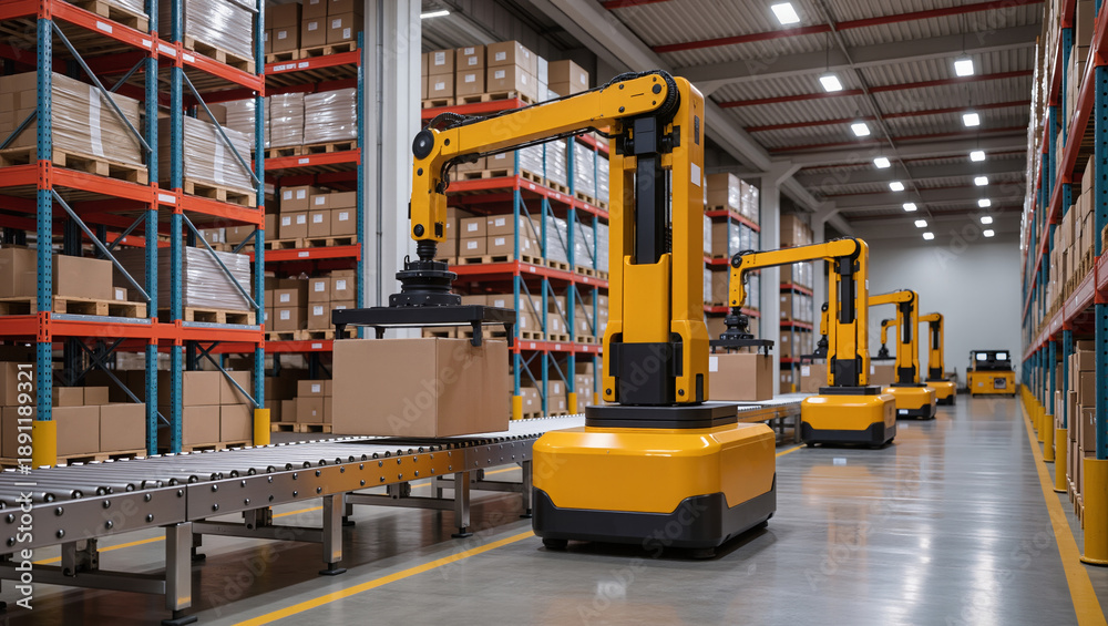 Fototapeta premium Robotic manipulators on mobile platforms operate along a conveyor line in a modern warehouse, handling cardboard boxes and illustrating automated logistics and storage systems