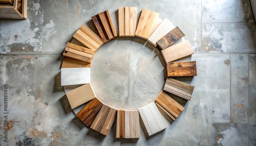 Obraz premium Circular wooden planks arranged in a decorative pattern on a concrete wall surface viewed from directly above