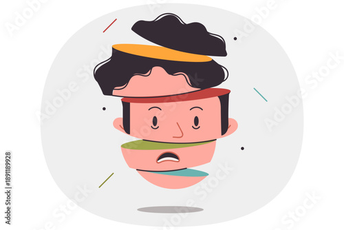 Head is man with personality disorder and psychological problems, with face divided into parts