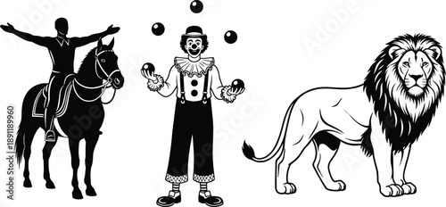 Circus Performance Illustration Set Featuring a Juggling Clown, Lion Animal Character, and Equestrian Rider for Carnival Show Event and Entertainment Graphic Design Template