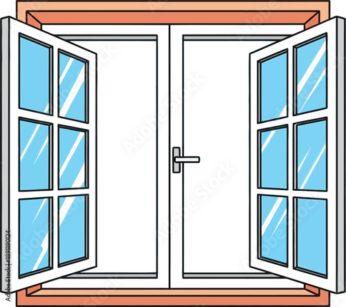 Open white window with blue panes and orange frame  illustration