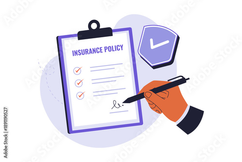 Signing Insurance Policy Agreement and Legal Protection Contract Illustration. Illustration of a hand signing an insurance policy document with a pen, Symbolize a legal commitment and protection