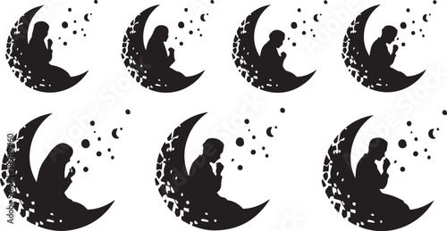 Silhouette of a child sitting on crescent moon illustration
