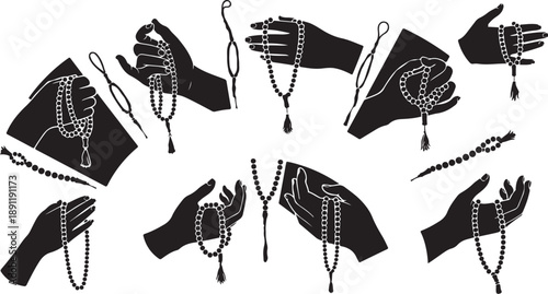 Hands holding and displaying various pearl necklaces and jewelry