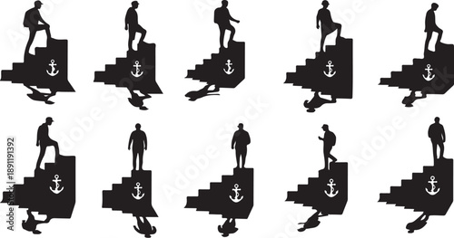 Silhouettes of businessmen on stairs with anchor symbols ascending