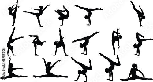 Black silhouettes of female gymnasts in various poses gymnastics, gymnasts, silhouettes, black, white background, female athletes, acrobatic poses, dance, flexibility, sports, fitness, exercise, athle