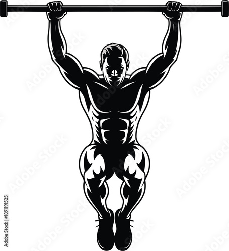 A muscular male athlete performs an intense pull up exercise on a horizontal bar displaying strength
