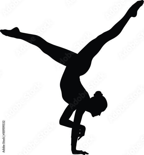 Gymnast doing handstand split on white background silhouette gymnast, handstand, split, silhouette, black, white background, acrobatics, balance, flexibility, athletic, sport, fitness, exercise, woman