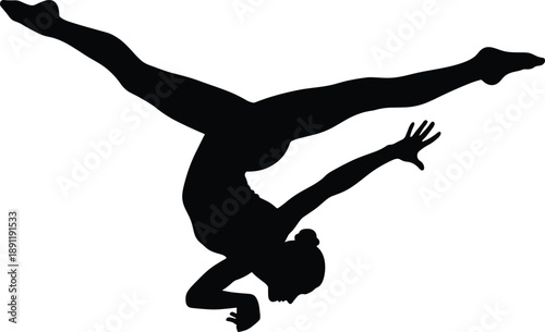 Gymnast doing handstand split silhouette black gymnast, handstand, split, silhouette, black, white, background, woman, fitness, exercise, acrobatics, dance, sports, athletic, body, shape, figure, moti