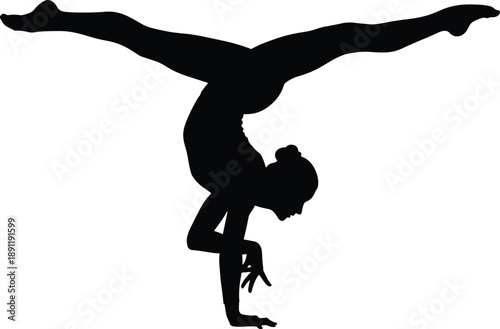 Black silhouette of a female gymnast doing handstand with legs split gymnast, gymnastics, handstand, silhouette, black, female, woman, legs split, white background, sports, fitness, acrobatics, balanc