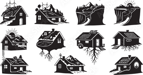 Various house damage and destruction illustrations in black