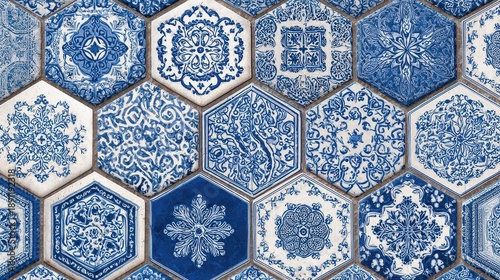 Blue and White Hexagonal Tile Pattern with Intricate Floral and Geometric Designs Seamlessly Arranged Creating Ornate Background