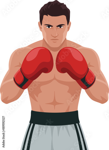 A strong male boxer poses confidently with red gloves and black striped shorts ready for intense competition
