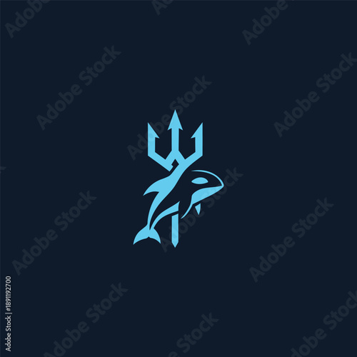 Orca trident logo in powerful and dynamic minimalist illustration style.