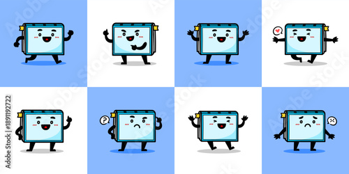 Cute Blue Book Mascot Characters Showing Various Emotions and Gestures for Education Content