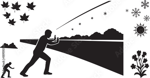 Man cutting down tree with chainsaw in silhouette style