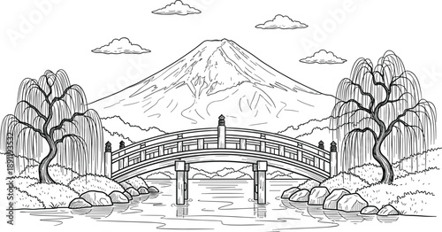 Japanese bridge, mountain landscape, river scene, hand drawn, line art, nature, trees, traditional asian style, vector illustration, peaceful, scenic, travel, outdoor, sketchJapanese bridge