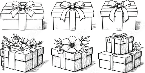 Gift boxes, wrapped presents, ribbon bows, hand drawn sketch, black and white, vector illustration, holiday, birthday, celebration, decorative, packaging, set, floral, designGift boxes