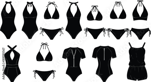 Collection of Women Swimwear Silhouette Vector Illustration Set, Various Bikini One Piece and Swimsuit Poses for Beach Fashion and Summer Graphic Design Template