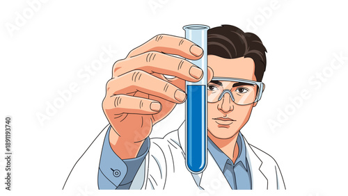 Scientist holds up test tube with blue liquid wearing goggles and lab coat