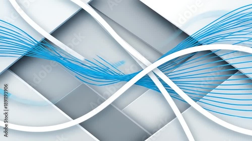 Abstract background with intersecting white lines and blue streaks on a gray and white geometric pattern