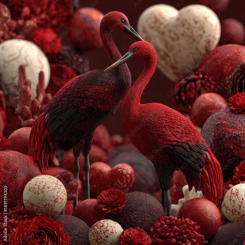 Fototapeta premium Romantic valentine's day with elegant red cranes surrounded by heart-shaped decorations