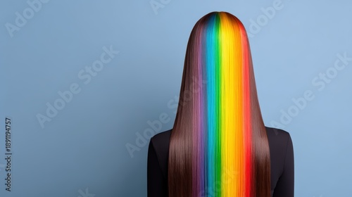 A person with long, straight hair featuring a vibrant rainbow gradient against a blue background.