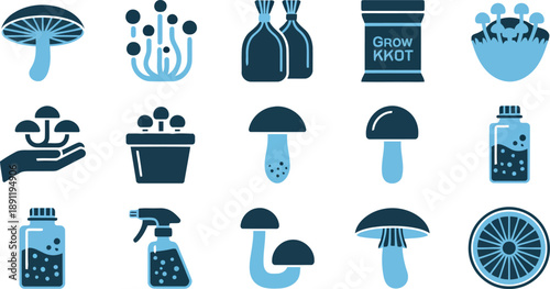 Collection of fifteen simple blue icons showcasing various mushroom types and cultivation supplies