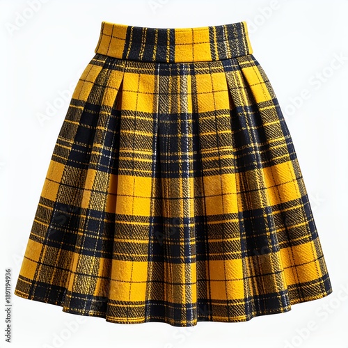 Flared plaid skirt in vibrant yellow and navy with intricate check pattern on white
