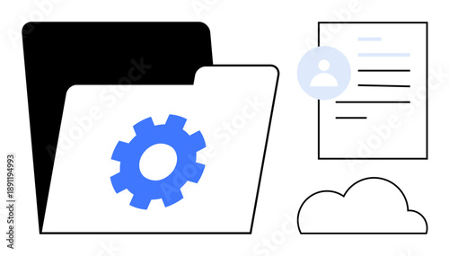 Data organization, cloud storage, user profiles, information management, digital workflow, and technology. Open folder with a gear icon, document and cloud graphic. Data organization and cloud