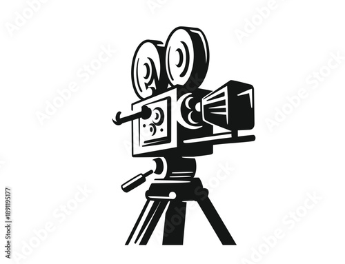 Vintage cinema movie camera projector on tripod vector illustration
