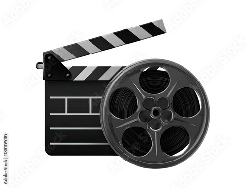 Movie clapperboard and film reel isolated