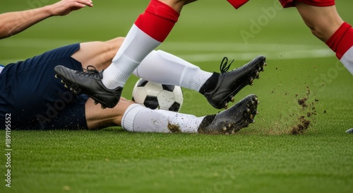 Dynamic moment of two soccer players' legs clashing in a fierce tackle for the ball on a green field.