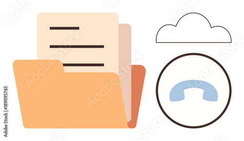 Data storage, cloud communication, file management, technology systems, workflow organization, business tools. Yellow folder with papers, cloud icon circular phone symbol. Data storage and cloud