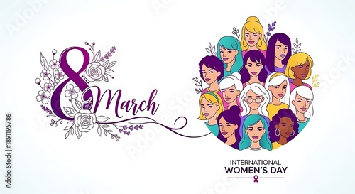 A flat vector illustration for a poster about diversity and unity on International Women's Day.