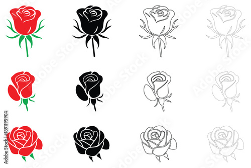 rose flower icon vector set, rose bud, rose clip art vector, silhouette and line art illustration