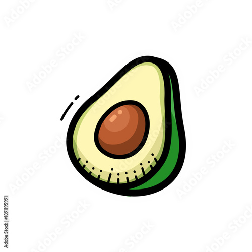 Cartoon illustration of a halved avocado with its brown pit, featuring a green skin and creamy yellow flesh on a white background.