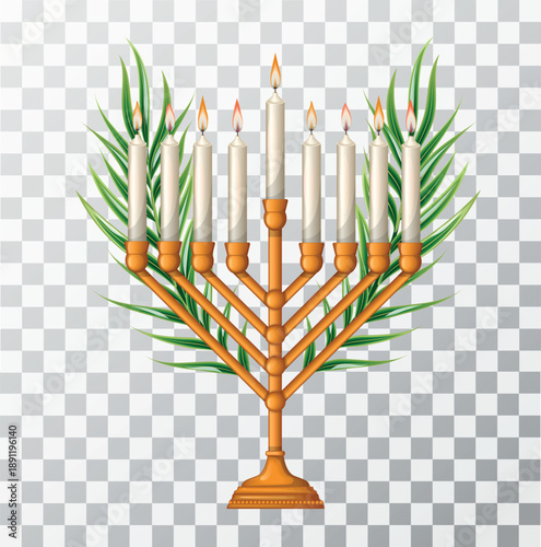 Menorah with palm leaves on a transparent background