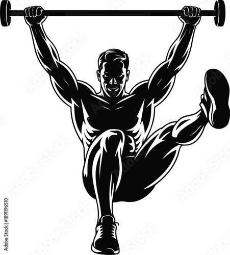 Silhouette of a powerful athlete performing a hanging leg raise exercise on a robust pull up bar