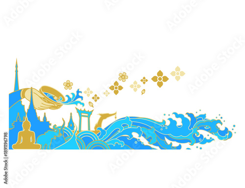 Abstract Thai water wave pattern with traditional golden ornaments
