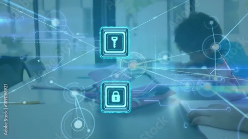 Animation of shapes and padlock with key over diverse schoolchildren learning in classroom