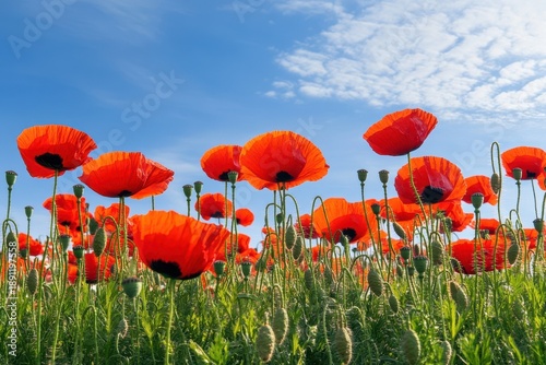 Vibrant red poppy flowers sway under a clear blue sky on a sunny day